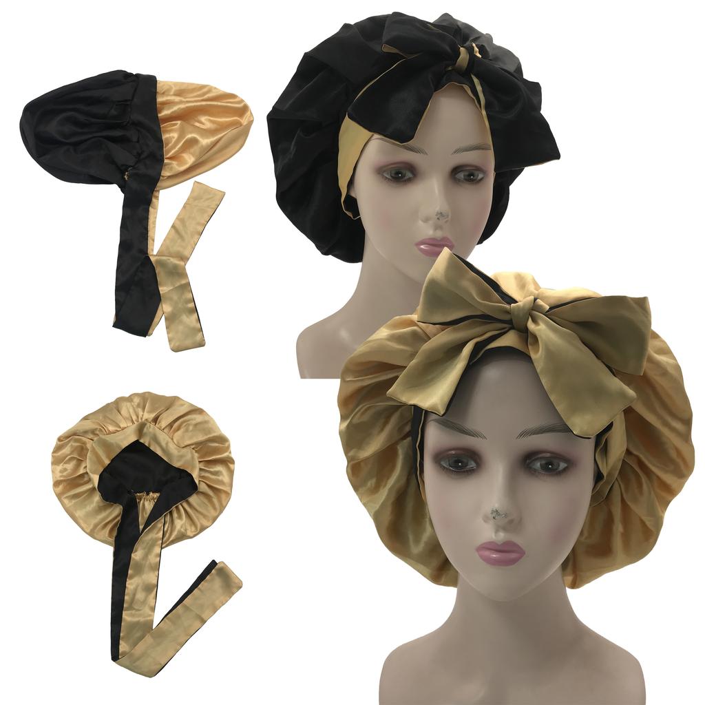 Fashion Kids and Adults Size Satin Silk Bonnet Reversible Long Band Head Ties Bonnet with Custom Logo