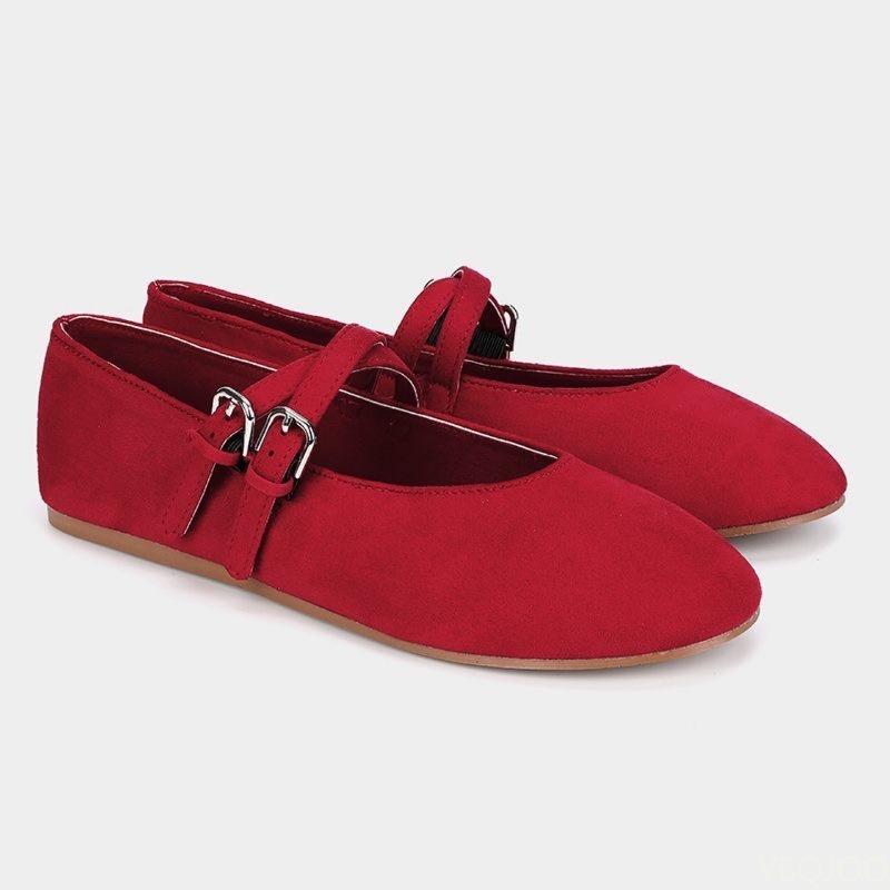 New Fashionable Soft Bottom Casual Red Women'S Shoes Solid Color Shallow Mouth Double Thin Belt Buckle Women'S Flat Shoes