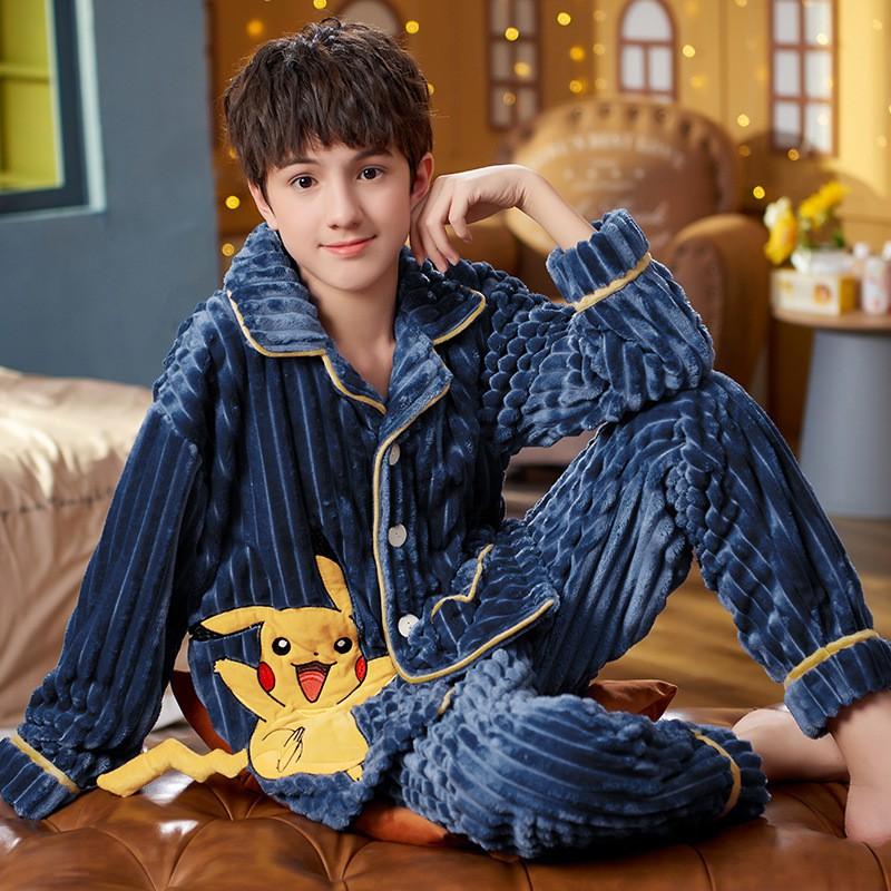 Boys Warm Coral Fleece Pajama Set Winter Thick Flannel Sleepwear Kids 8-14 Years