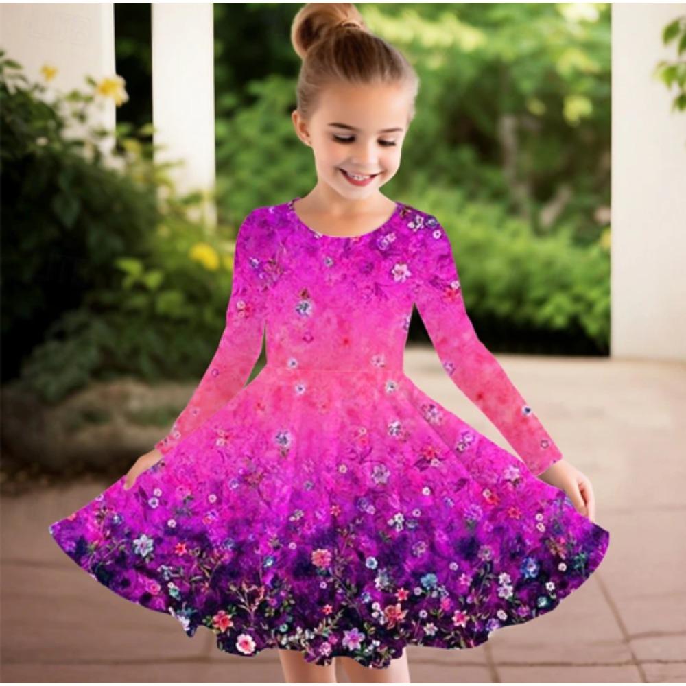 Girl Casual 3D Gradient Floral Print Round Neck Long Sleeve Dress Kid Princess Dress
