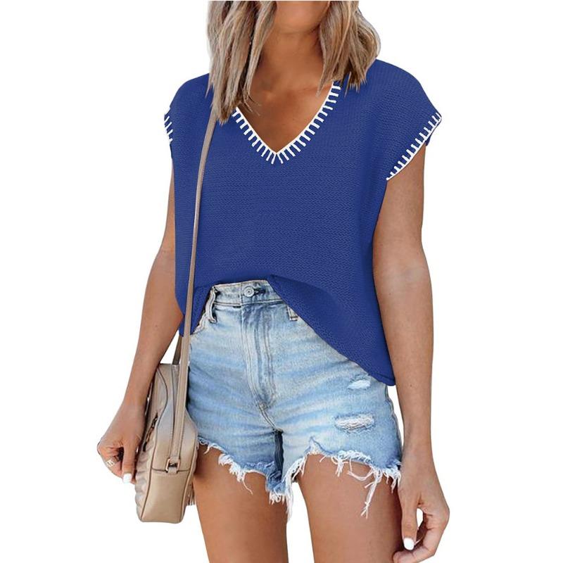 Summer New Women's Pullovers V-neck Short-sleeved Striped Knitted Sweater