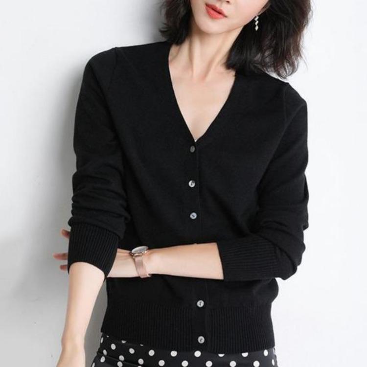 Women Long Sleeve V Neck Knitted Cardigan Solid Color Ribbed Trim Warm Sweater Coat Single Breasted