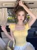 American Niche Chic Versatile Design Sense Candy Color Square Collar Slim and Thin Short Thin Short Sleeve Knitted Top Women