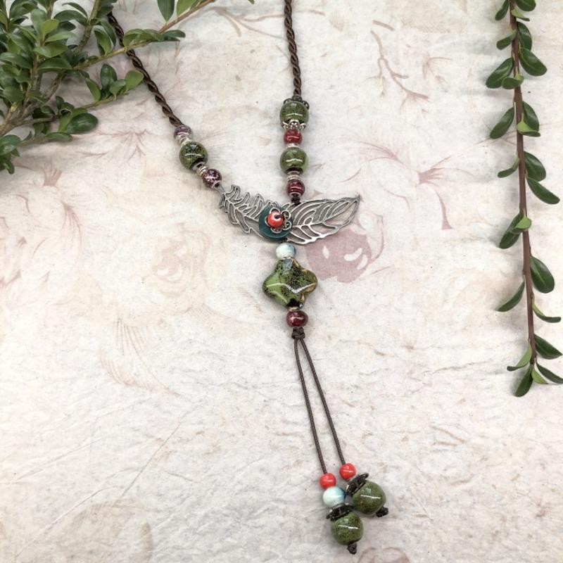 New Forest handmade ceramic necklace, women's retro versatile sweater chain simple long accessories pendant