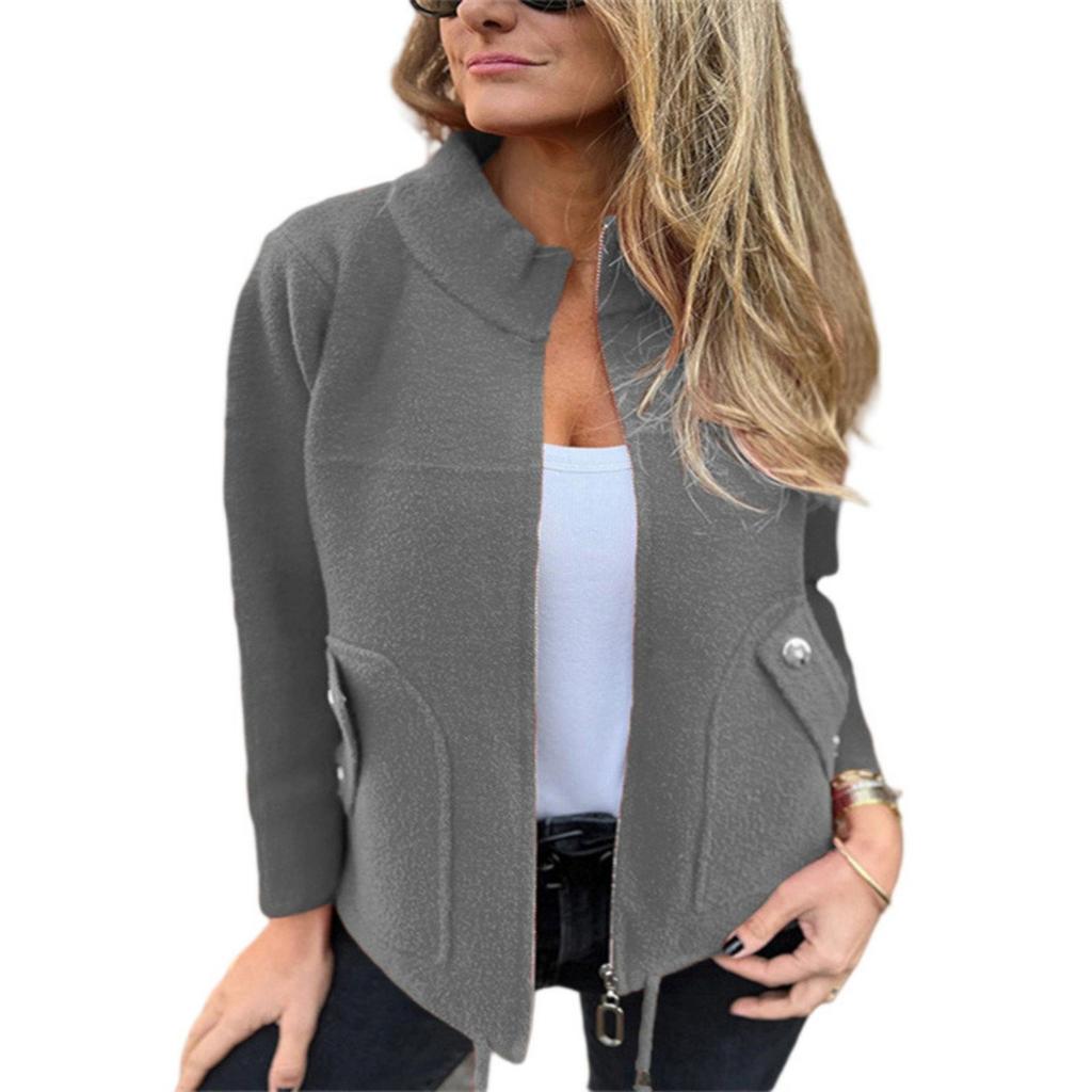 Fashionable Winter Women's Casual Woolen Lapel Drawstring Fake Pocket Suit Jacket