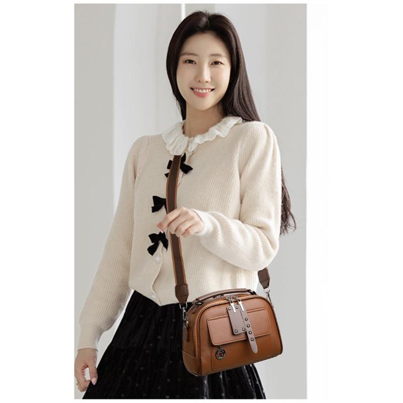 Women's Textured Leather Top-Handle Crossbody Bag Multi-Pocket Design Casual Shoulder Bag