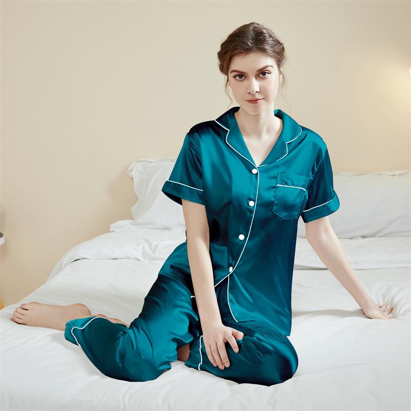 Improved pajamas women's summer solid color simple short-sleeved trousers casual women's lapel loungewear set