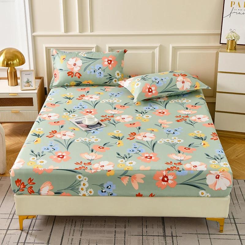 Red Flower Printed Bed Sheet Sets Queen/King Size Matrimonial Reactive Printed Fitted Bedsheets for Double Bed