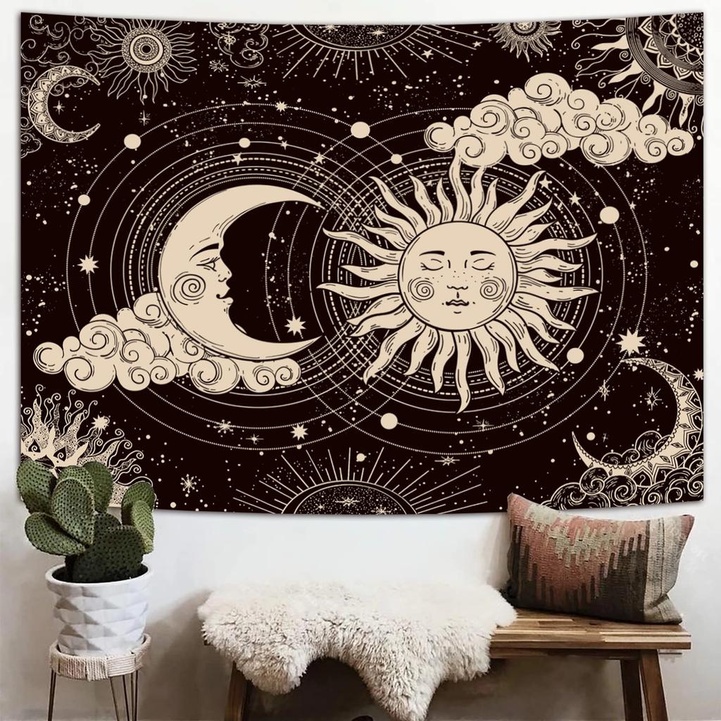 VIKAMA Sun and Moon Totem Tapestry Bohemian Black and White Starry Sky Wall Hanging for Bedroom Living Room Dorm Home Decor