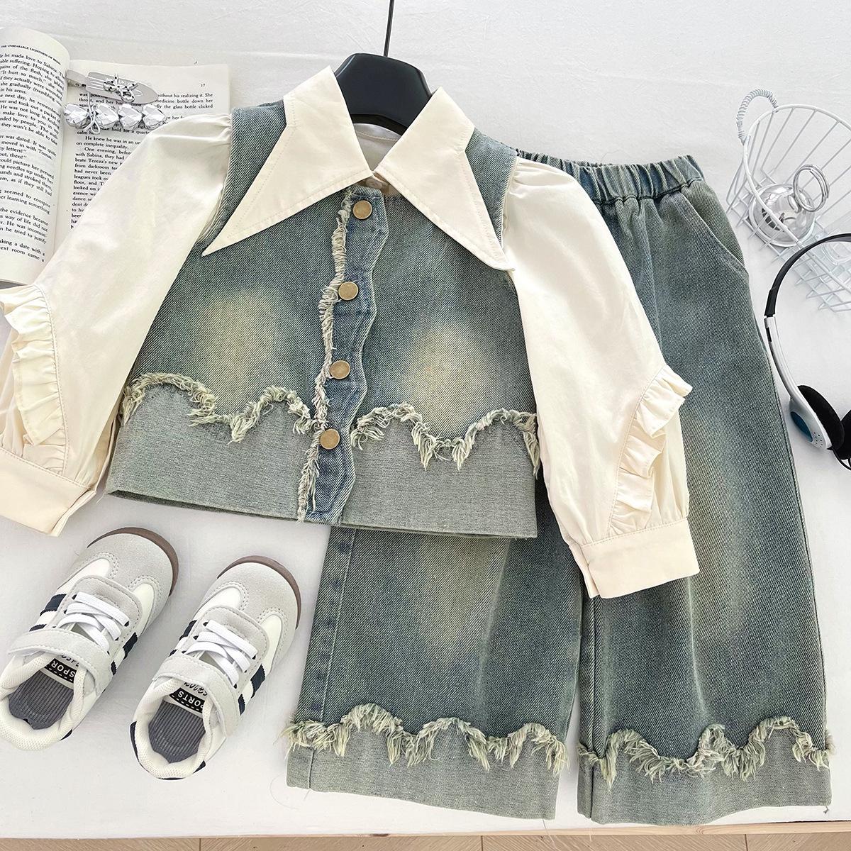 

Стильный джинсовый жилет, рубашка и джинсы широкого кроя для девочек - Коллекция Осень 2025 150 cm