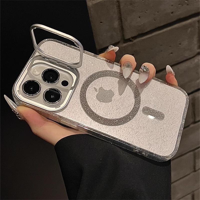 Für Magsafe Magnetisches Kabelloses Laden Glitzer Klare Hülle Für iPhone 15 14 13 12 11 Pro Max Kamera Faltbarer Halter Stoßfeste Hülle