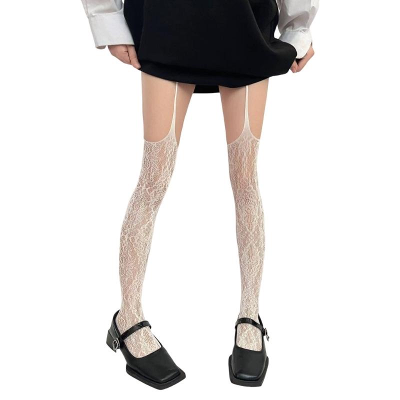 Women Fishnet Garter Belt Pantyhose Punk Flower Lace Patterned Sheer Thigh High Stockings Suspender Strap Tights Hosiery