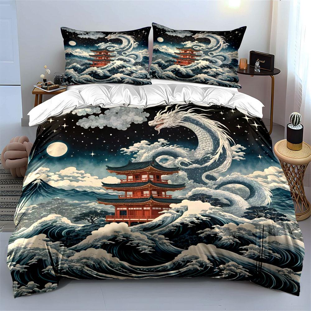 Red Pagoda Dragon And Surging Waves Print Bedding Set 1 Duvet Cover 2 Pillowcases For Adult And Children Luxury Gift Full Size