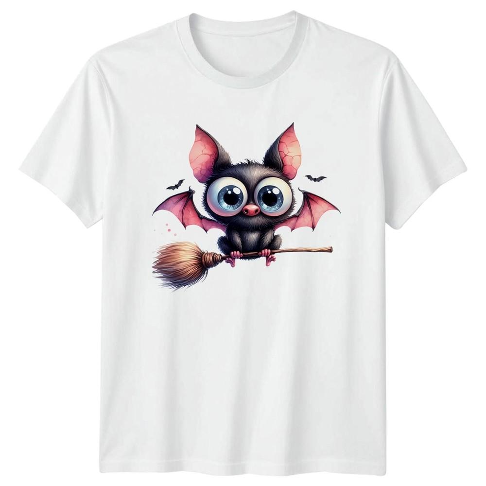 Cute Bat Halloween Flying Broomstick Graphic Unisex Tee S