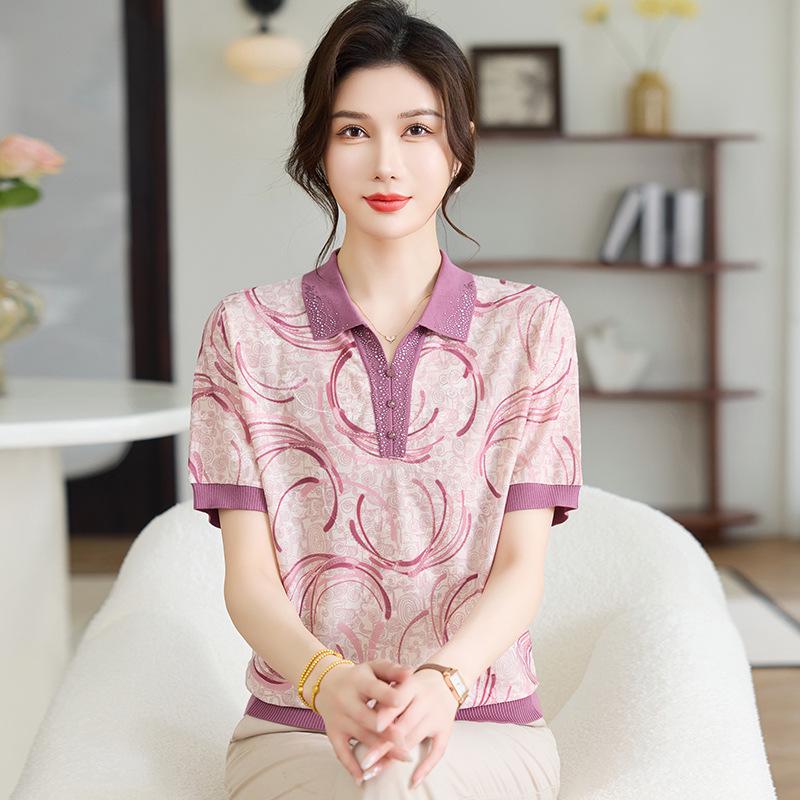 

Mom s Ice Silk Short-Sleeve Blouse | Stylish Summer Knit T-shirt for Middle-Aged & Elderly Women 2XL (For 120-135 jin)