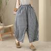 DIMANAF 2026 Summer New Plus Size Women Long Pants Vintage Printing Loose Casual Elastic Waist Lady Bottoms Black Plaid