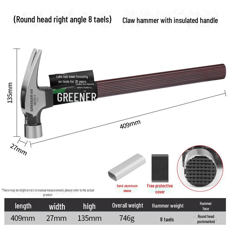Green Forest Magnetic Claw Hammer with Insulated Wooden Handle for Woodworking and Household Use