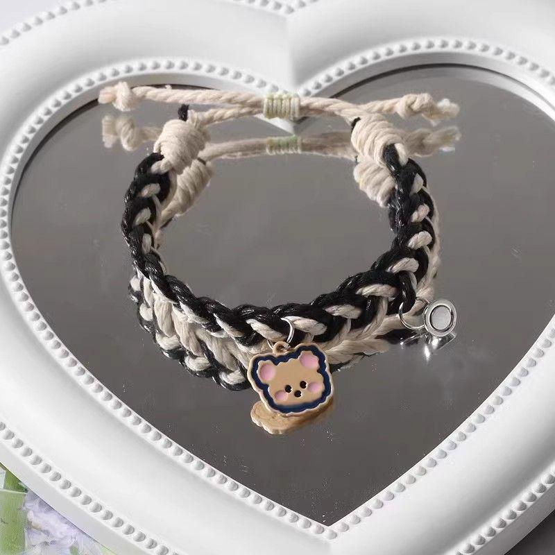 High-Value Cartoon Bestie Trio Magnetic Bracelets: Cute Bear Woven Adjustable Hand Rope for Couples