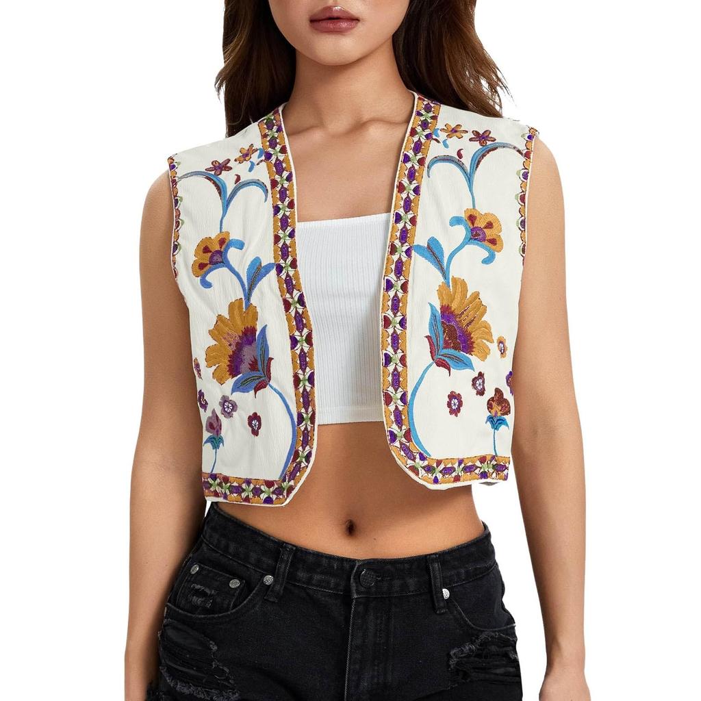 Women's Sleeveless Outerwear Fashion Retro Embroidered Vest Top