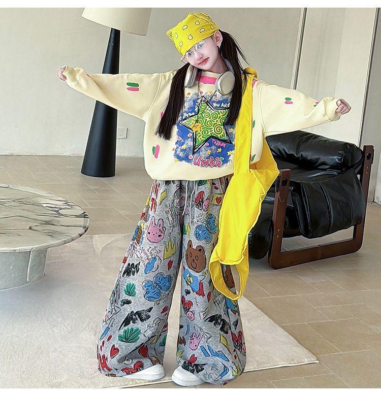 Girls' Trendy Korean Style Hoodie & Wide-Leg Pants Set with Cartoon Design - Casual Spring/Autumn Two-Piece Sportswear