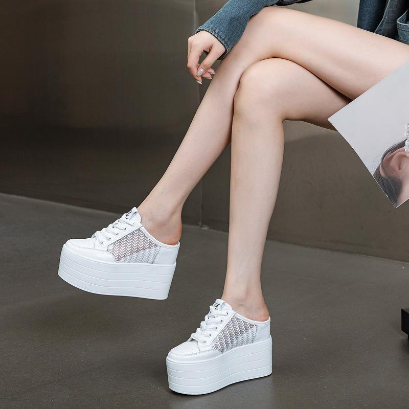 Fashion 12cm Slides Shoes Sneakers Slip on Slippers Women Summer Shoes Wedge Microfiber Leather Air Mesh Glitter Platform Sandals