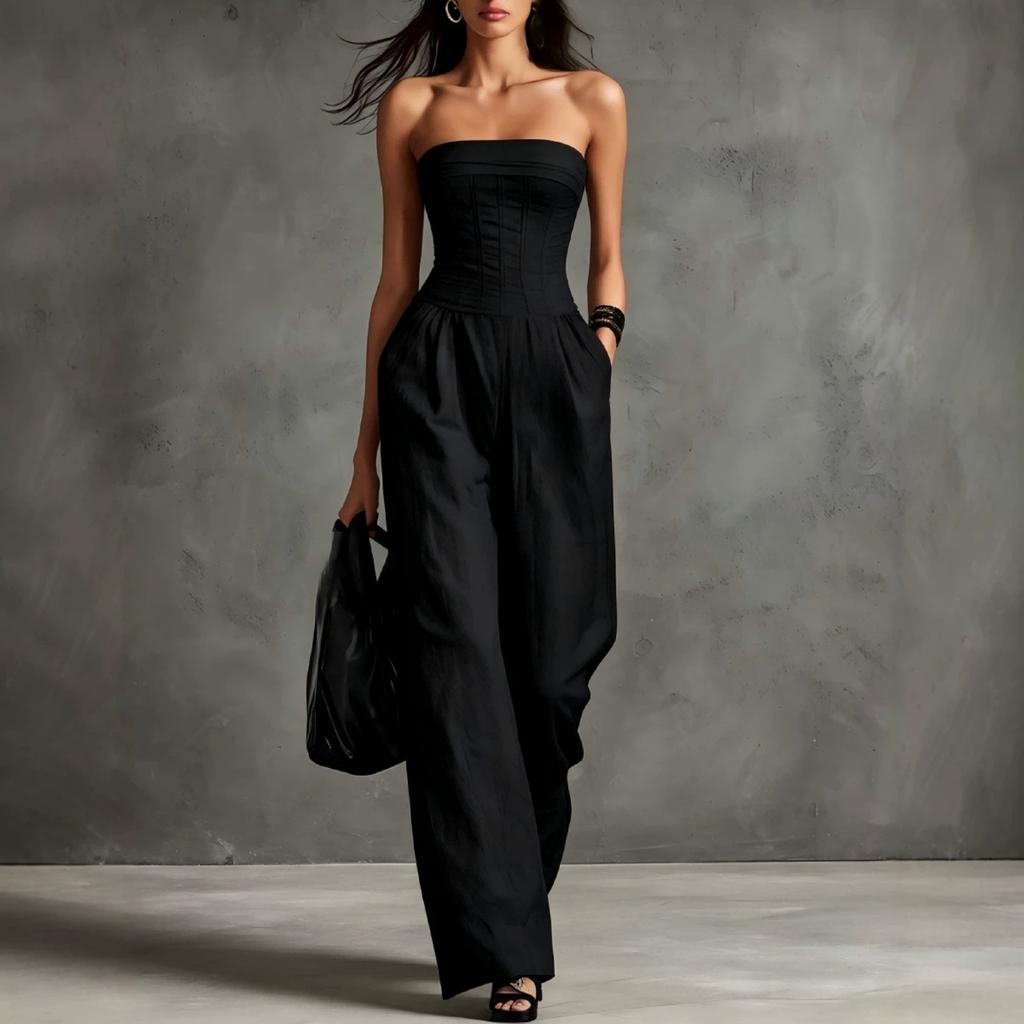 Women's Strapless Cotton Linen Jumpsuit Vintage Style Sleeveless Wide Leg Outfit for Casual or Formal Occasions
