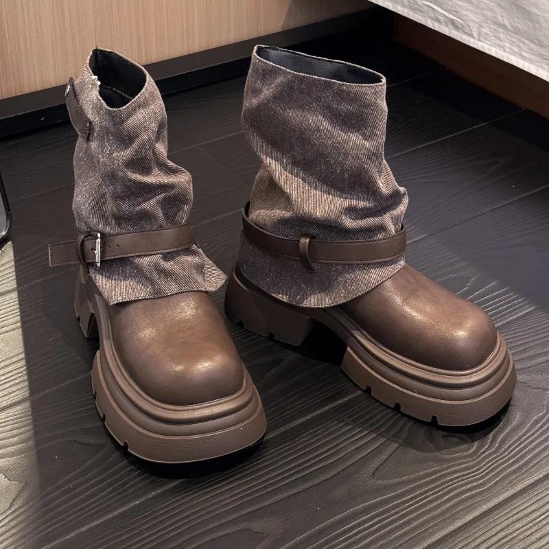 

Winter Platform Thick Sole Woman Pipe Ankle Boots Design Belt Buckle Punk Style Leather Modern Short Bottes Femmes 35