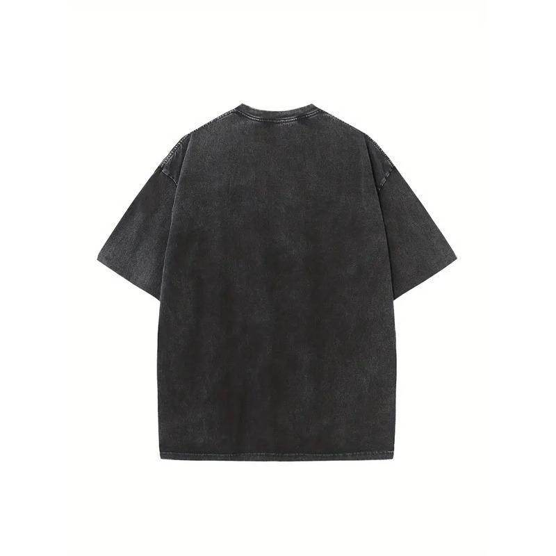 European sizes Men'S Vintage Washed  T-Shirt- Black Circle Print Street Style, Loose Fit Crew Neck,  Daily Comfort, Breathable Fabric