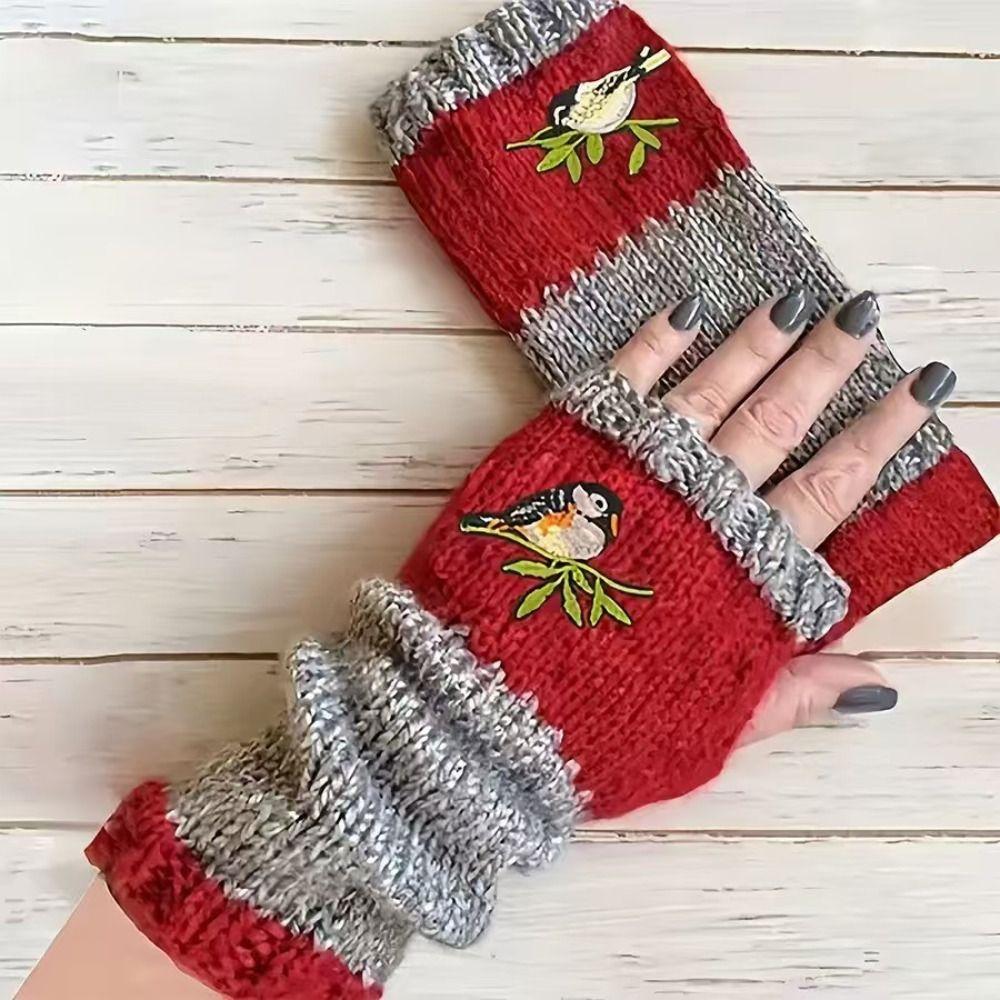 Soft Knit Mittens Embroidered Bird Fingerless Gloves Portable Half Finger Gloves  for Men Women