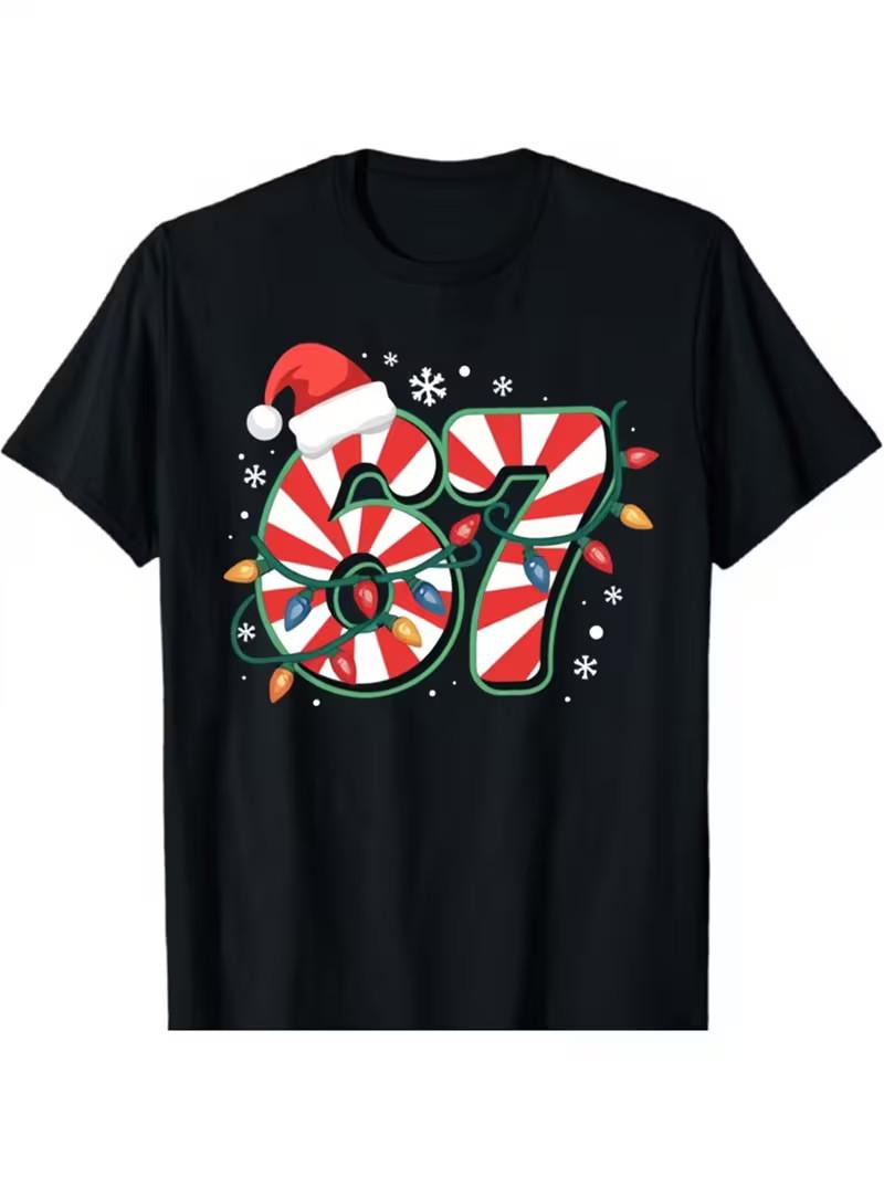 Men s & Women s Black Christmas T-Shirt with 67 Numbered Candy Cane & Santa Hat XL