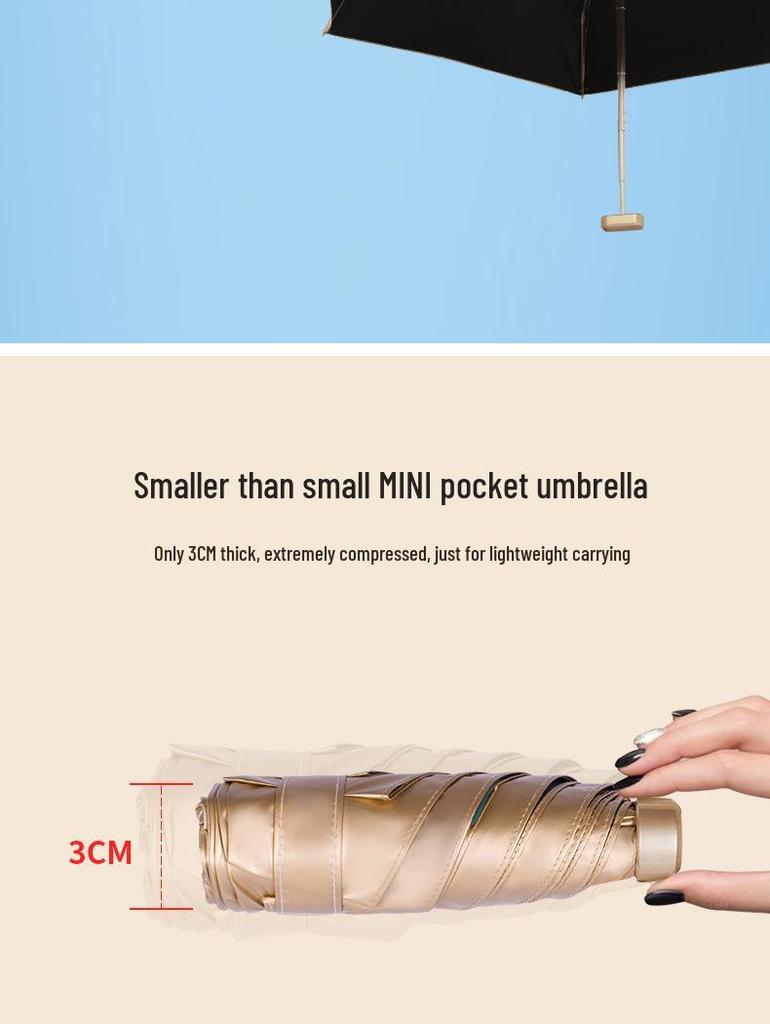 Compact Gold Umbrella: Ultra-light 6-Rib Folding Dual-use for Sun and Rain Protection