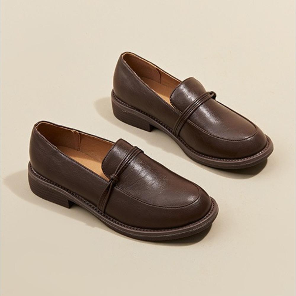 Leather Shoes for Women's  Spring and Autumn Retro Loafers Round Toe Flat Bottomed Pumps Black Heels Women Ladies Shoes