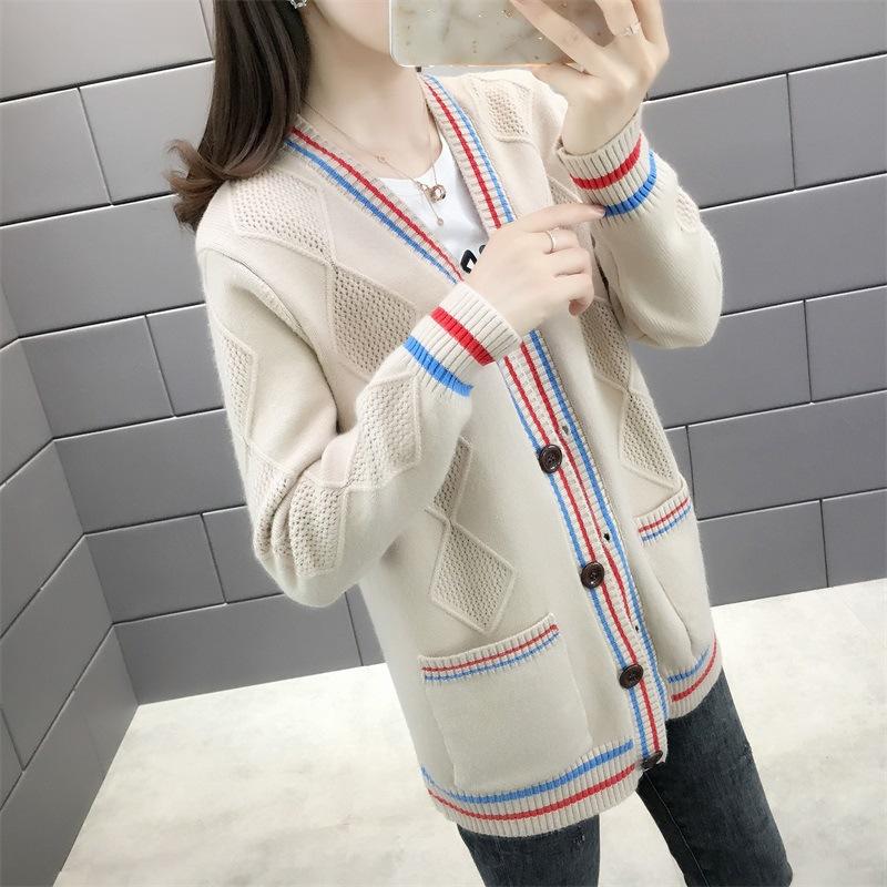 

Новый весенне-осенний корейский свободный свитер, женское пальто, однотонная вязаная верхняя одежда, женский повседневный кардиган с карманами и открытой вышивкой One Size