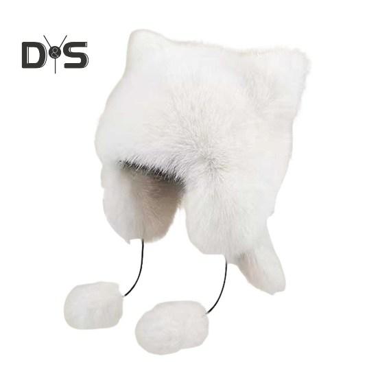 

Женская зимняя шапка с толстым искусственным мехом, украшением в виде ушей и хвоста в виде мультяшного енота, однотонная, ветрозащитная шапка Lei Feng для катания на лыжах, сноуборде, пешего туризма белый