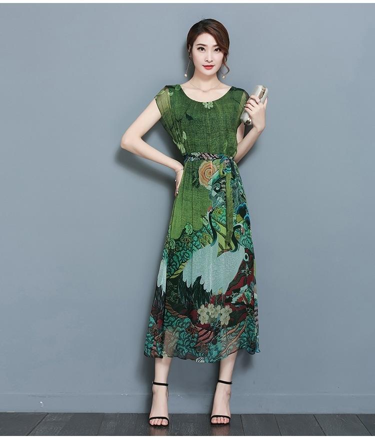 Summer Green Vintage Floral Print Dresses Women O-Neck Short Sleeve Silk Dress Size Plus S-5XL