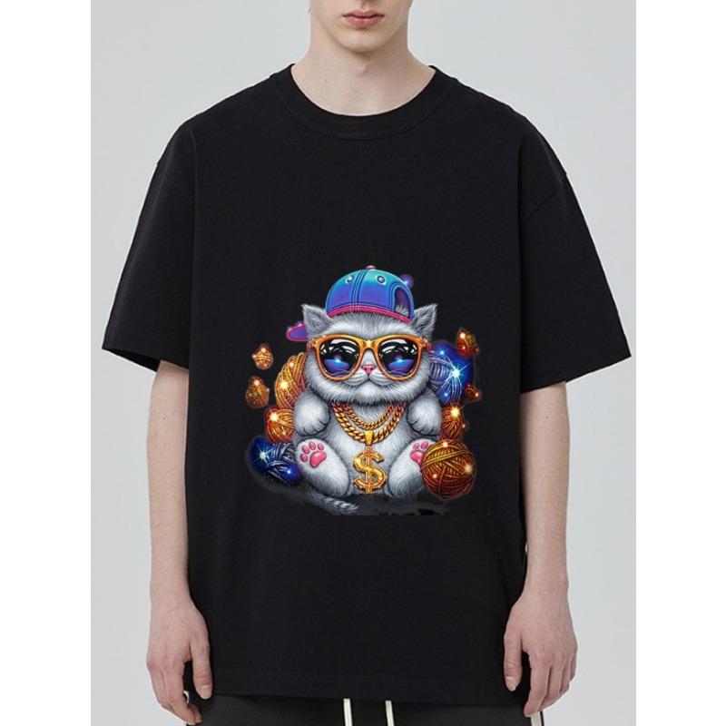 Crewneck T-Shirt Black Cat with Sunglasses and Gold Chain Print for Casual Wear