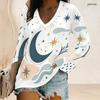Women Plus Size V Neck Long Sleeve White Star Moon Printed Top Curved Hem With Pockets