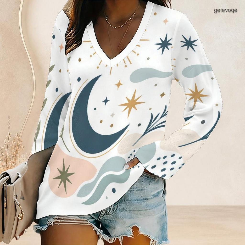Women Plus Size V Neck Long Sleeve White Star Moon Printed Top Curved Hem With Pockets