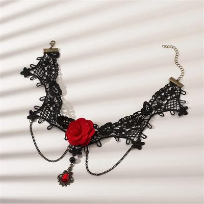 2024 French Retro Black Color Lace Choker Necklace Gothic Flower Red Gemstone Pendant Necklace Women Short Collar Ladies jEWELRY