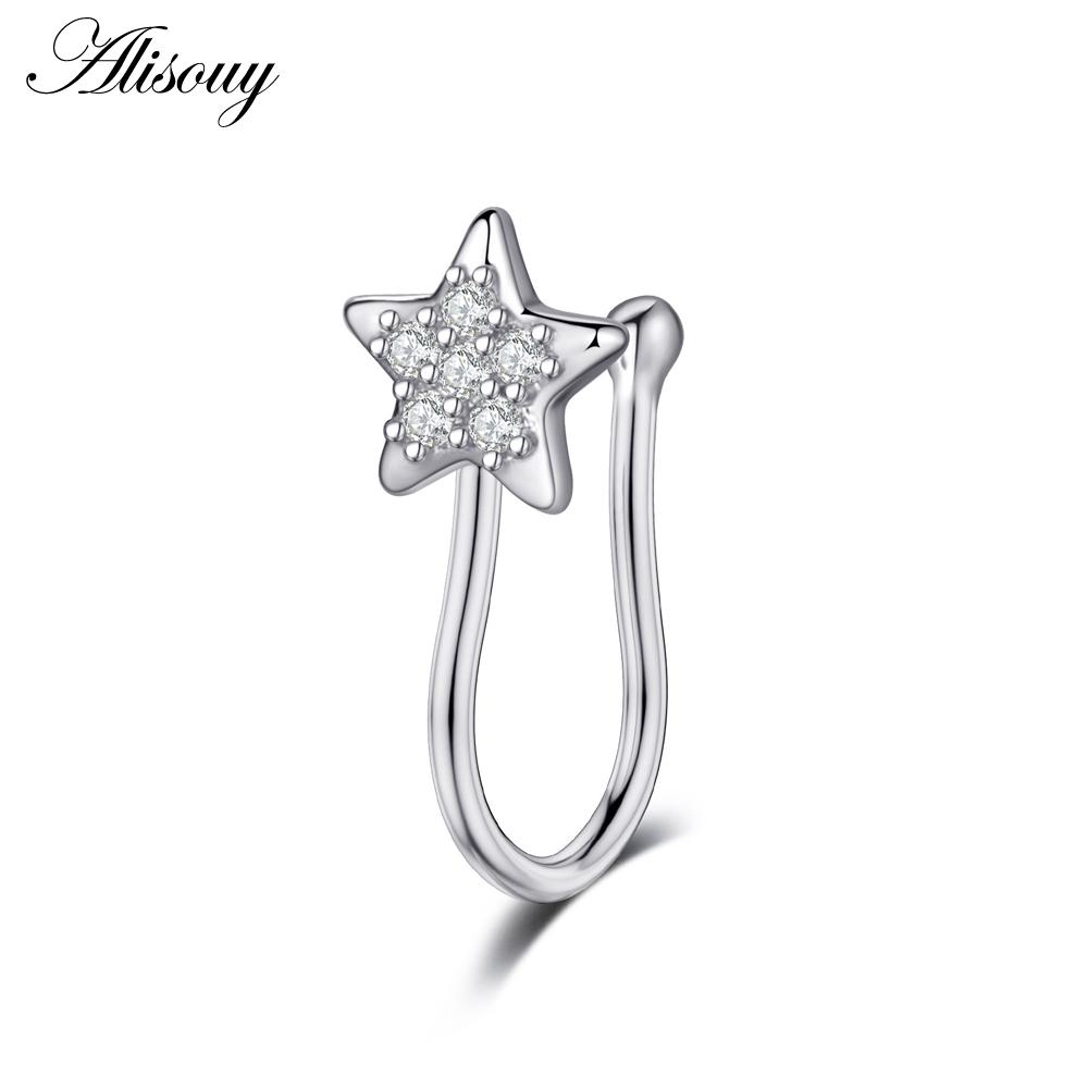Alisouy 1pc Zirconia Fake Piercing Clip Nose Ring Body Jewelry for Women Ear Cuffs Heart Cross Star Leaf Flowers Clip Nose Rings