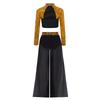 Kids Girls Dance Costume Two-Piece Set Mock Neck Long-Sleeved Sequins Cutout Back Press Button Crop Top with Flowing Chiffon Overlay Wide-Leg Side Sli