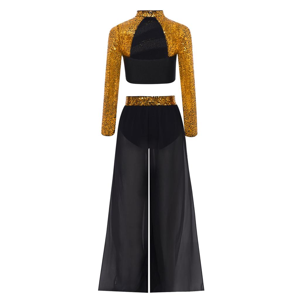 Kids Girls Dance Costume Two-Piece Set Mock Neck Long-Sleeved Sequins Cutout Back Press Button Crop Top with Flowing Chiffon Overlay Wide-Leg Side Sli