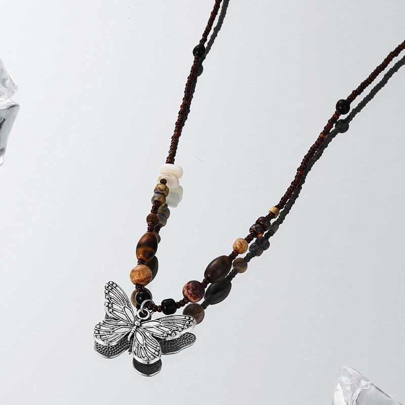 Maillard Retro Beaded Butterfly Necklace - Light Luxury Niche Chinese Style Clavicle Sweater Chain for Women