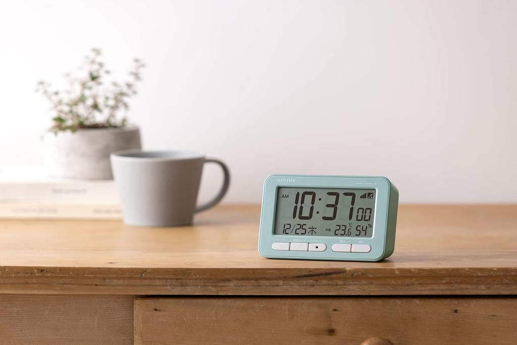 RHYTHM Alarm Clock with Electronic Alarm X 12 X Fitwave D234 8RZ234SR04 Radio-Controlled (Snooze), Thermometer, Hygrometer, Calendar, Blue, 7.8 5.4