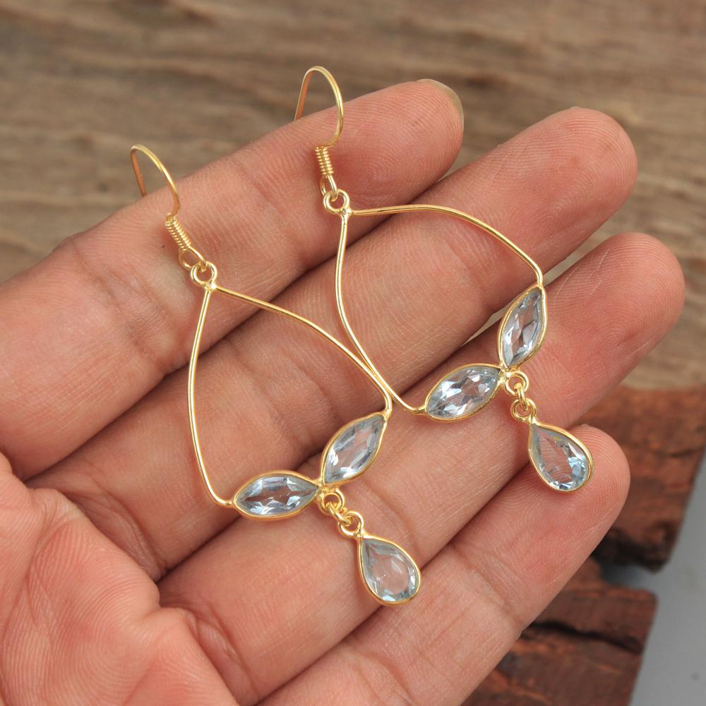 Yellow Gold Plated Amethyst Blue Topaz Citrine Handmade Dangle Earring 925 Sterling Silver Jewelry