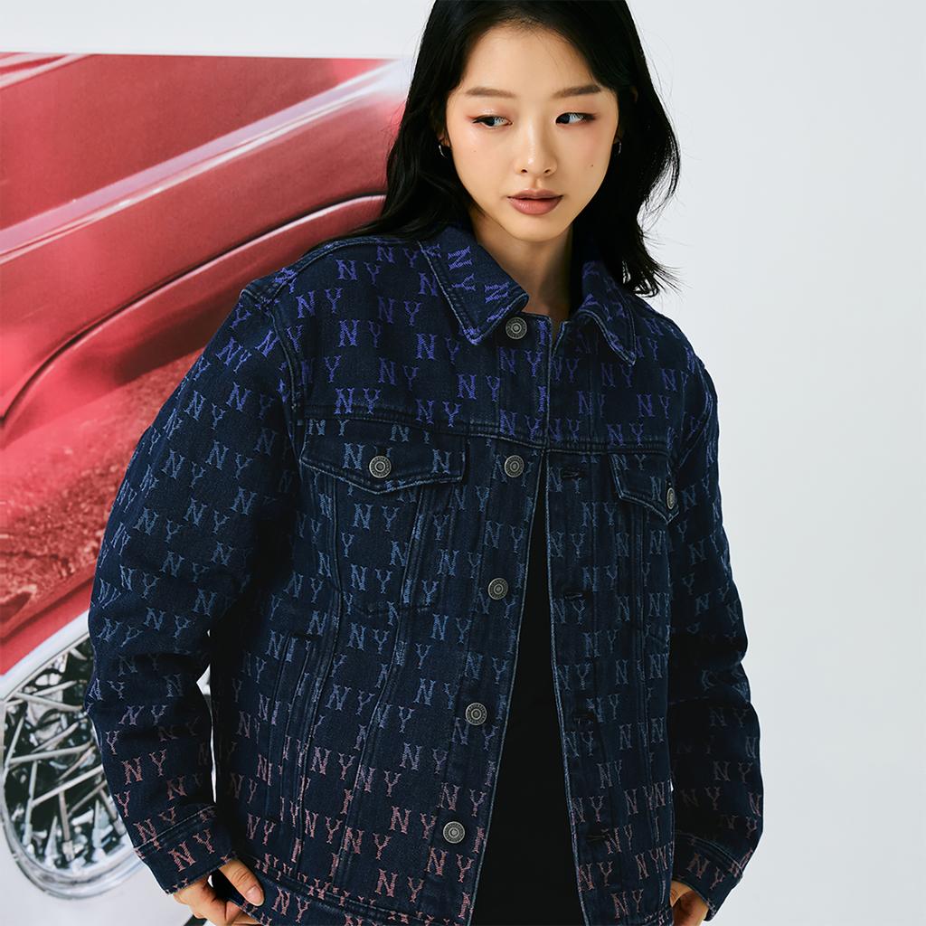 New MLB New York Yankees Jacquard Dia Monogram 24FW Denim Jacket Unisex Indigo 3ADKM0144-50INS