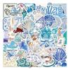 50pcs Ins Wind Blue Silver Ocean Stickers Coastal Aesthetic Cartoon Decals for Laptops Luggage Skateboards Scrapbooks