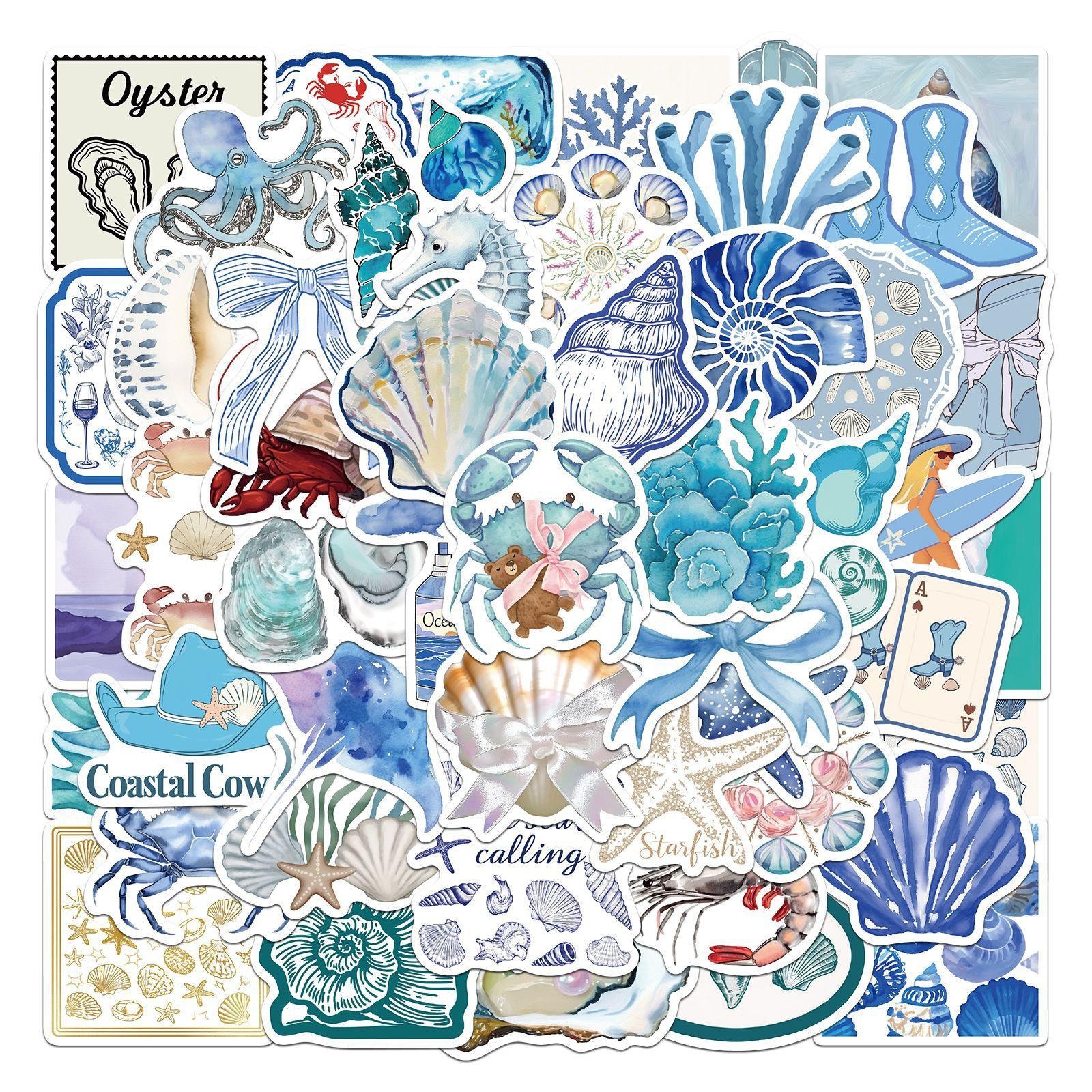 

50 шт. Наклейки в стиле Инс, сине-серебристые, на морскую тематику, прибрежная эстетика, мультяшные наклейки для ноутбуков, багажа, скейтбордов, скрапбуков