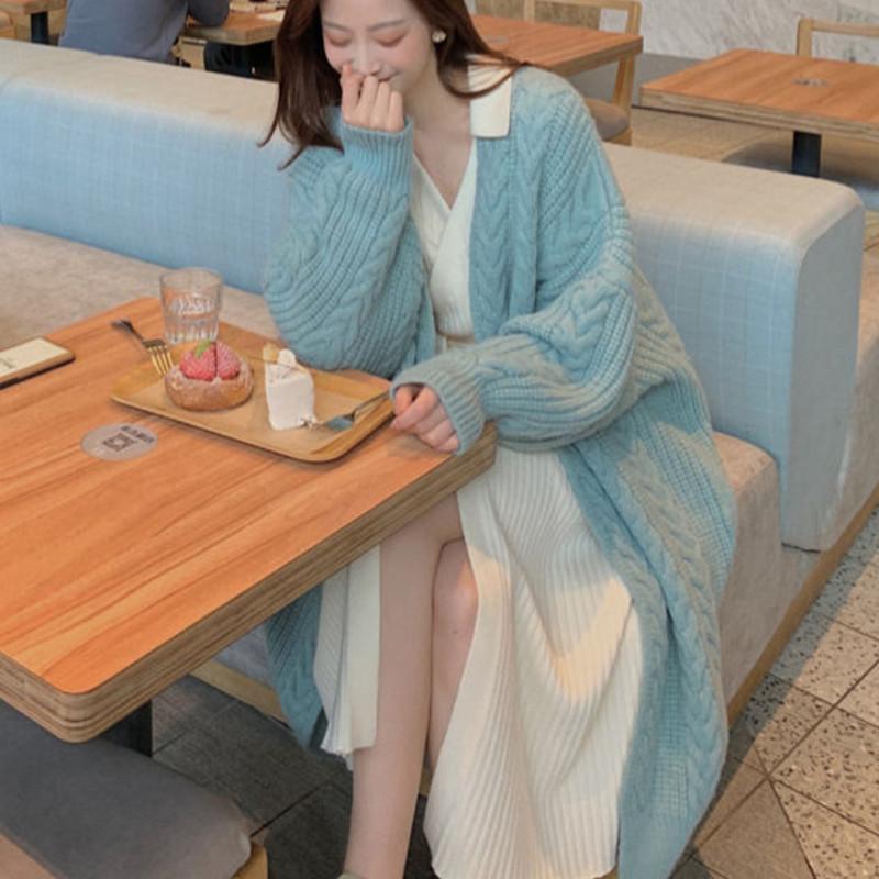 New Korean Style Knitted Cardigan Long Sweater Coat Women Casual Retro Twist V-neck Loose Spring and Autumn Fashion Long Sleeve Sweaters Simple Jacket