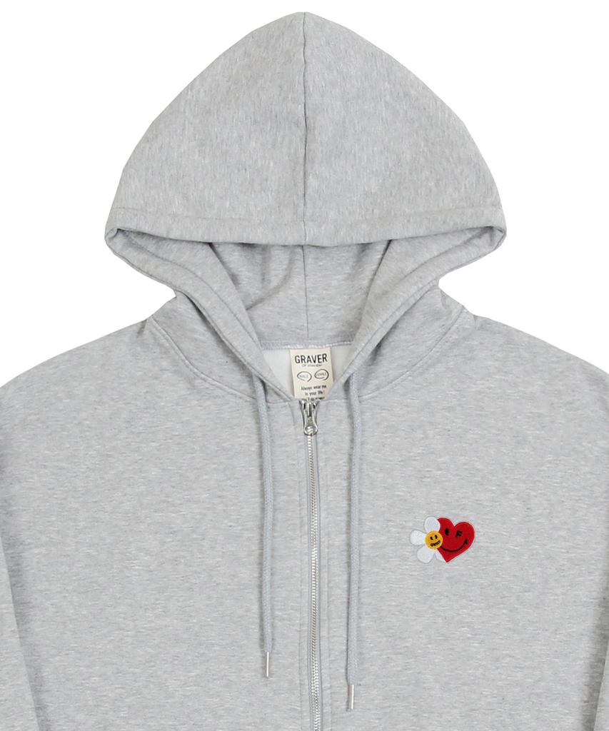 Graver [Unisex] Flower Heart Half Smile Embroidered Zip-Up Hoodie_Gray